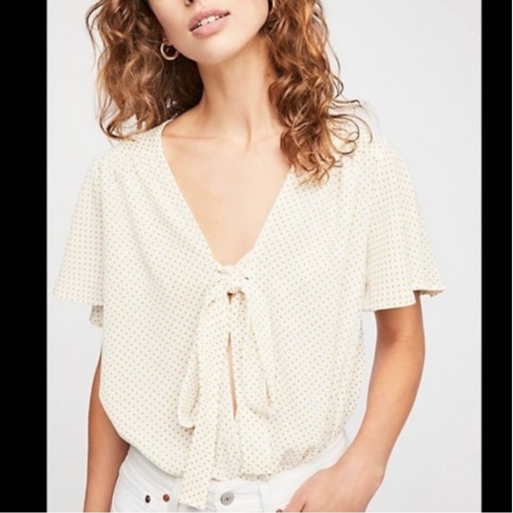 Free People Uptown Girl Polka Dot Tie Bodysuit Cream/Orange Size XS NWT